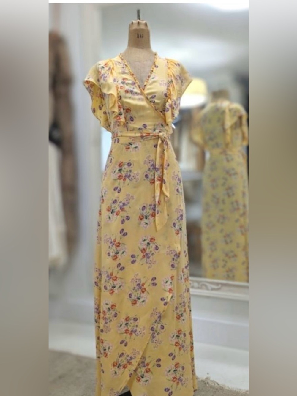 Yellow Flutter Sleeve Wrap Maxi Dress
